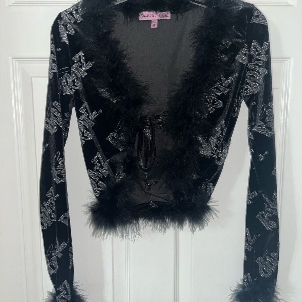 Velvet Black Feather-Trim Women's Top